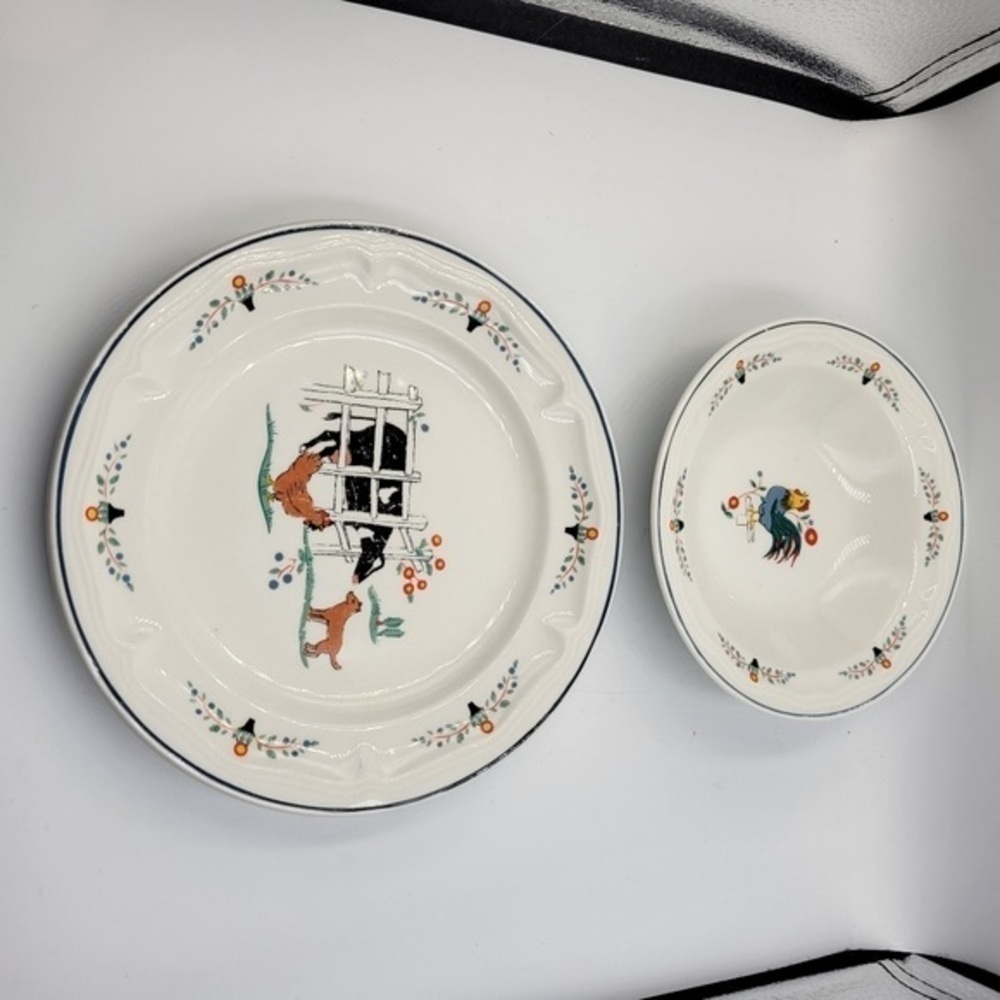 Oneida Farm Friends Large Rim Soup Bowl and Under Plate